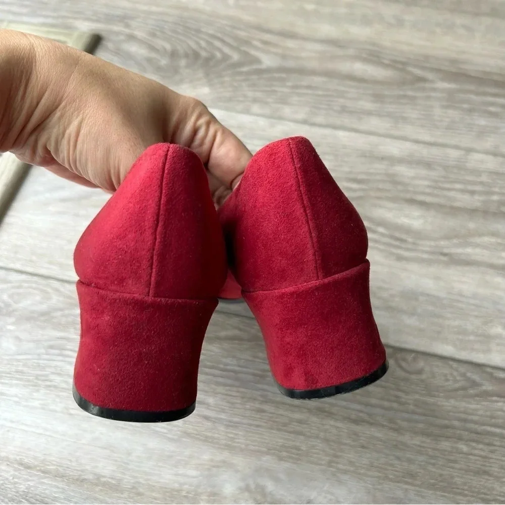 St. Michael Red Faux Suede Square Toe Block Heel Pumps - Picture 8 of 13
